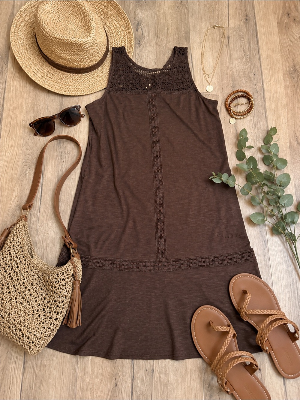 J. Jill Brown Crochet-Trim Tank Dress